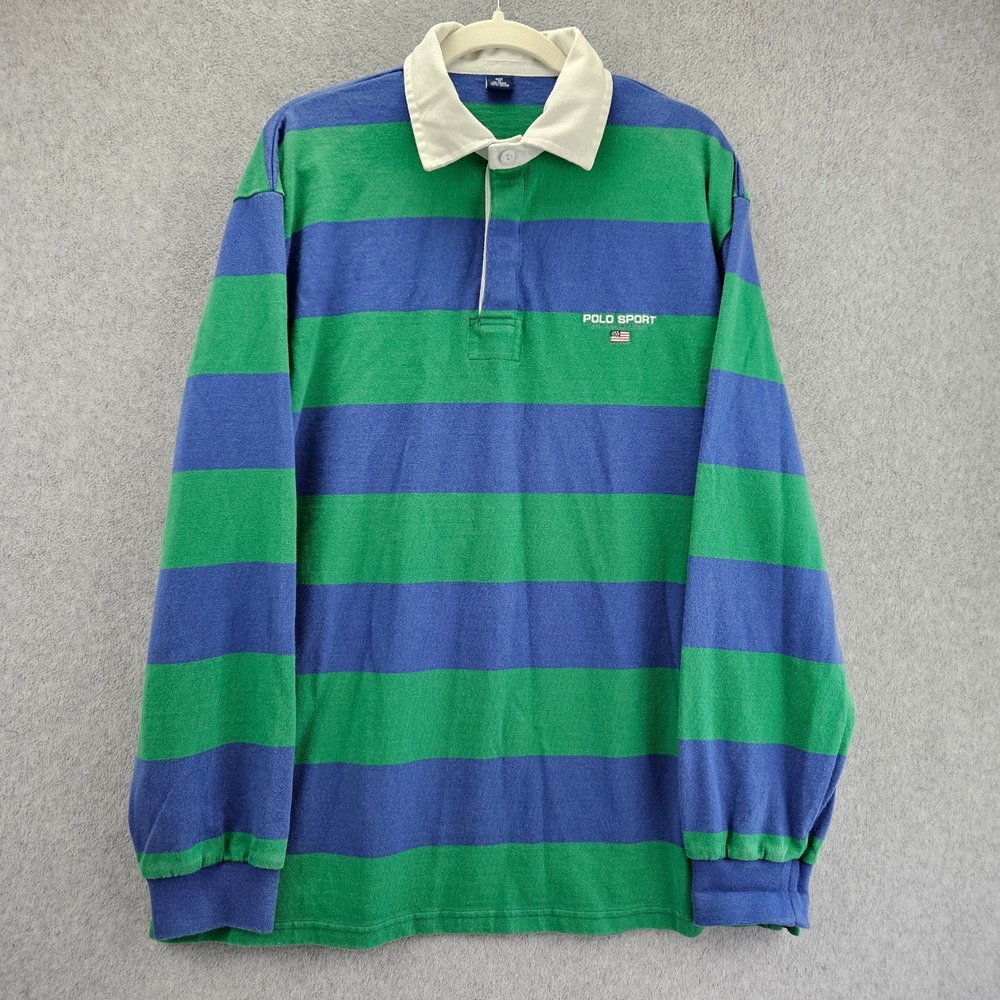 POLO SPORT Rugby Shirt Men XL Blue Green Striped Long Sleeve Cotton Vintage 90s